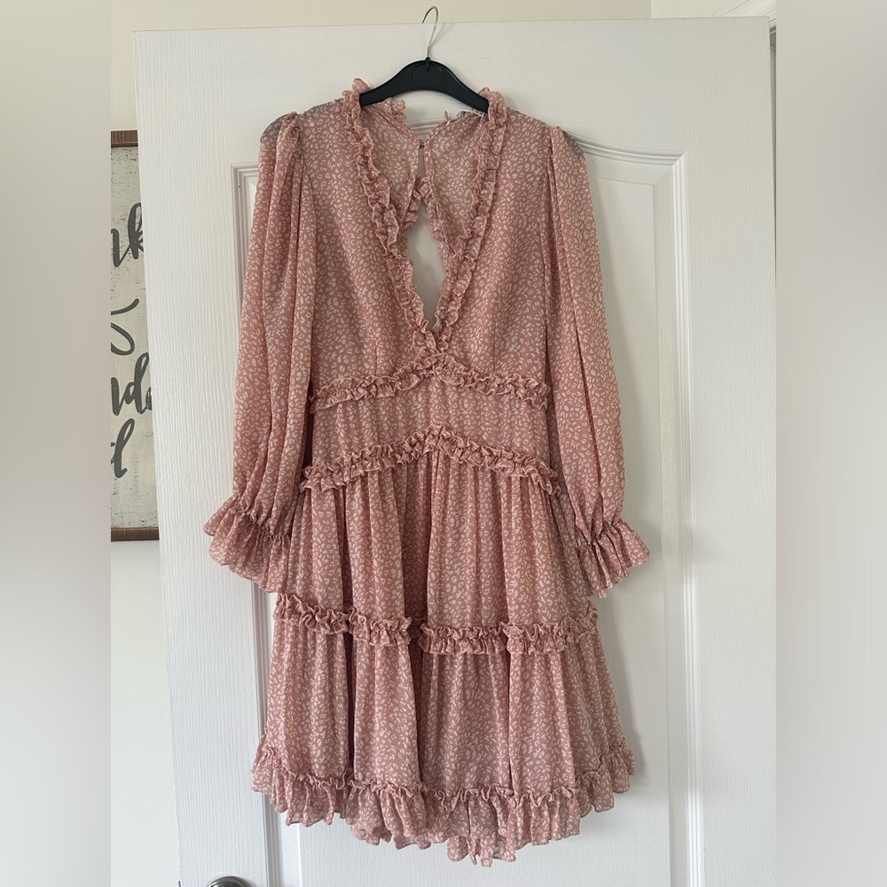 Pink and White Long sleeve Ruffle Mini Dress - Red Dress Boutique - Size Medium
